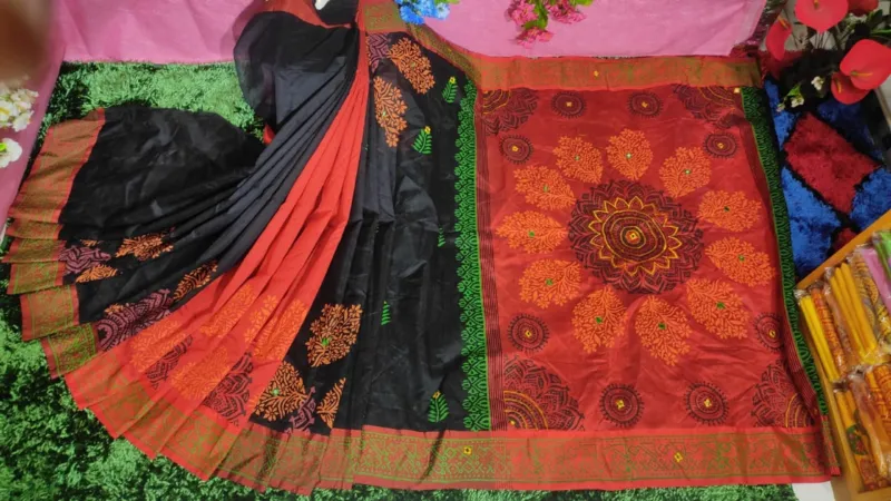 Dhupian Silk Embroidery Saree with Block Print in 6 Colours
