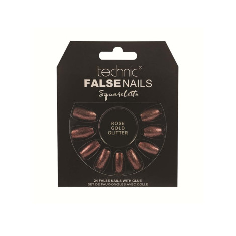 Technic Squareletto 24 False Nails With Glue - Rose Gold Glitter (China)