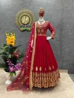 Women's Georgette Party Dress with Front and Back Embroidery, 56 Inch
