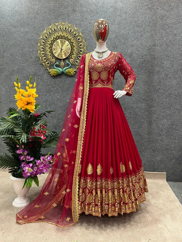 Women's Georgette Party Dress with Front and Back Embroidery, 56 Inch