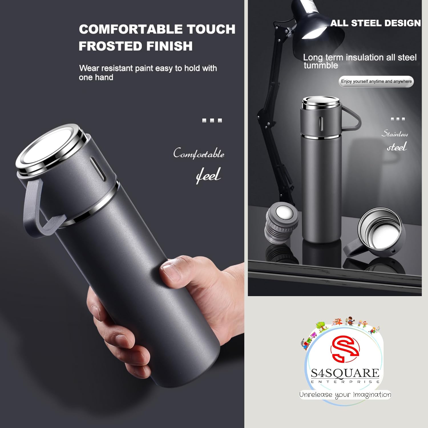 3-Piece Stainless Steel Vacuum Flask Set – 500ml Double-Wall Insulated Thermos Bottle with Cups for Hot & Cold Drinks, Travel & Gifting
