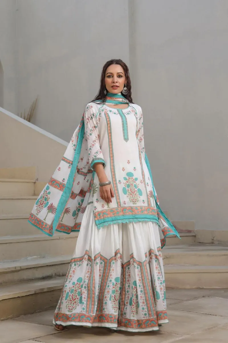 Women's Pure Cotton Sharara Three Piece, Sizes 36 to 46