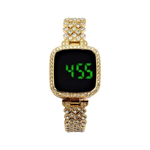 New Trend Fashion Steel Chain Diamond Women Watch Full Diamond Touch Screen LED Water Diamond Bracelet Watch (Golden)