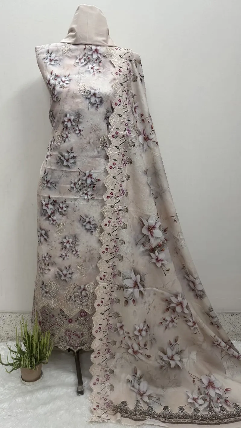 Unstitched Laser Cut Three Piece with Double Layer Hem