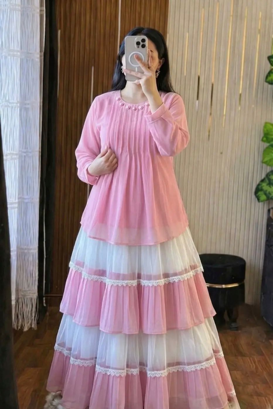 Ladies' Cherry Georgette Tops and Skirt Set with Lined Skirt