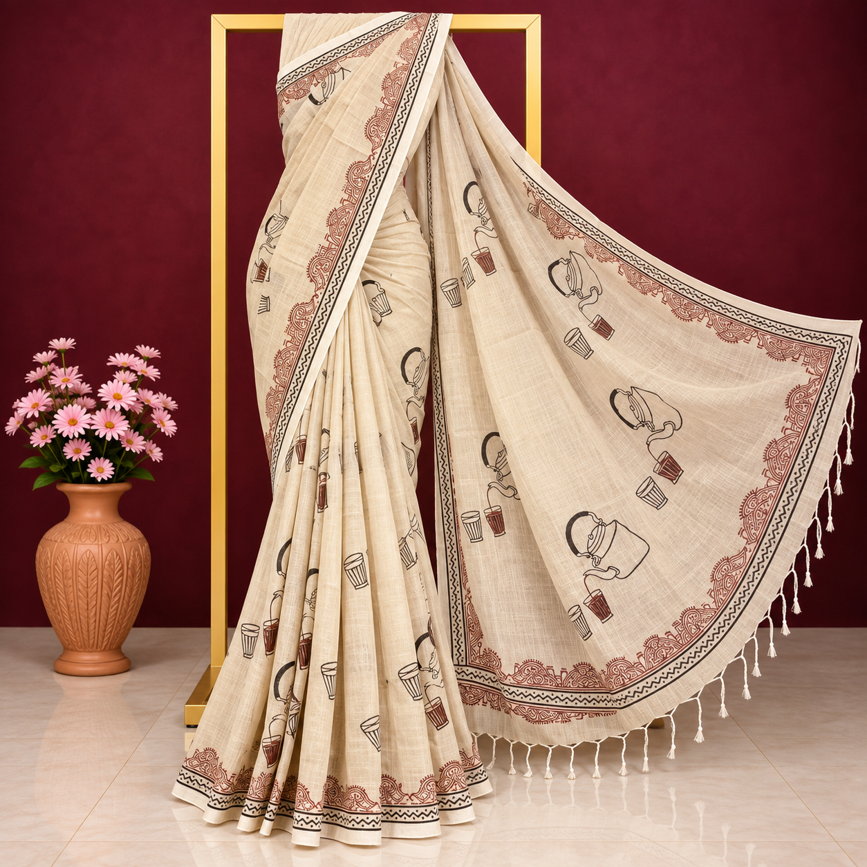 Exclusive Off-White ‘Tea-Lover’ Art Block Print Cotton Saree