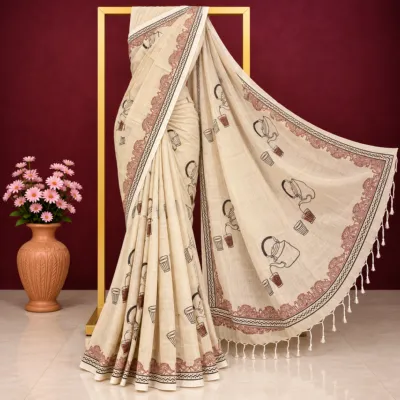 Off-White 'Tea-Lover' Art Block Print Cotton Saree