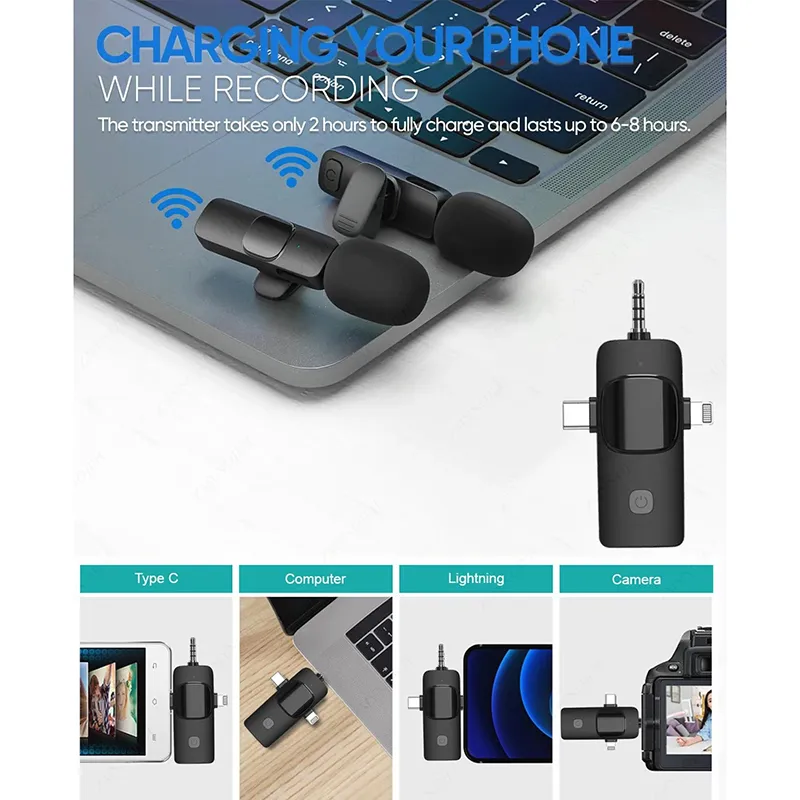 3-in-1 Wireless Lavalier Mic for iPhone, Type-C, 3.5mm