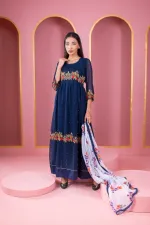 Georgette Embroidered Party Gown Set, Free Size to 48 Inch, 6 Colours