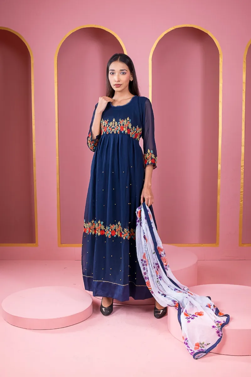 Georgette Embroidered Party Gown Set, Free Size to 48 Inch, 6 Colours