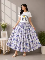 Women's Linen Skirt and DTF Print T-Shirt Set, 160 GSM Pure Cotton