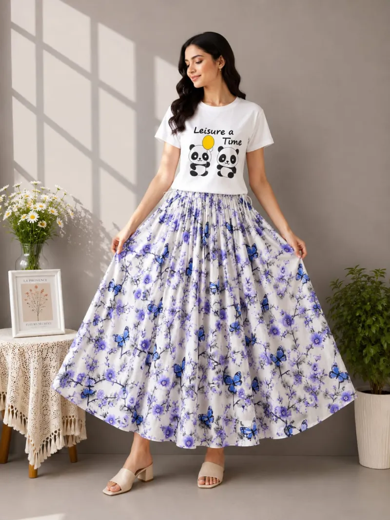 Women's Linen Skirt and DTF Print T-Shirt Set, 160 GSM Pure Cotton