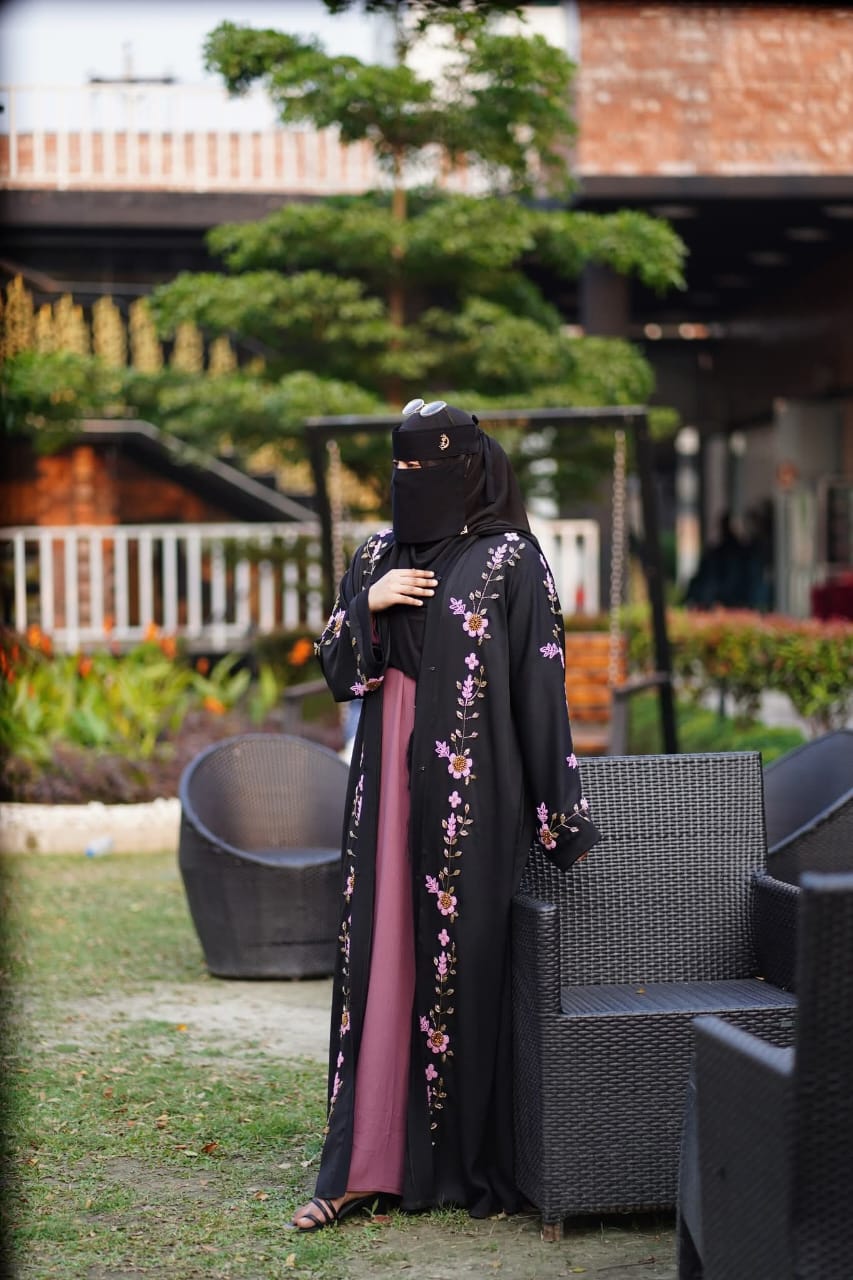 Muslima Embroidered Borka Set with Koti, Inner and Hijab