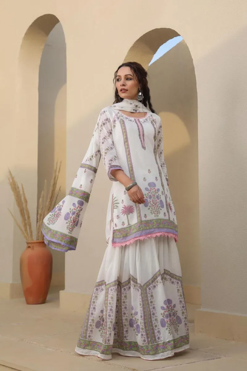 Women's Pure Cotton Sharara Three Piece, Sizes 36 to 46