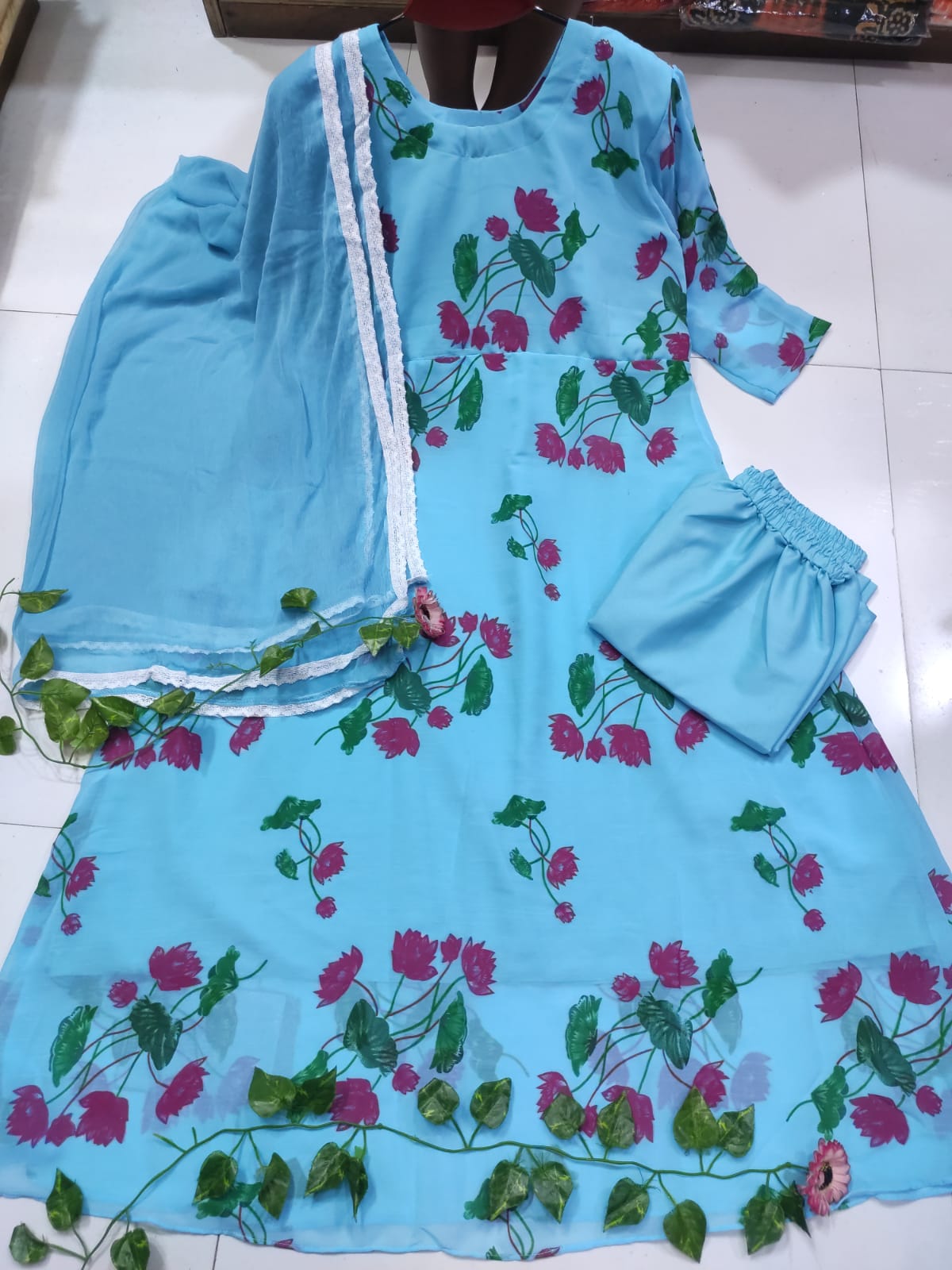 Women's Readymade Georgette Gown Three Piece, Body 42 and 44