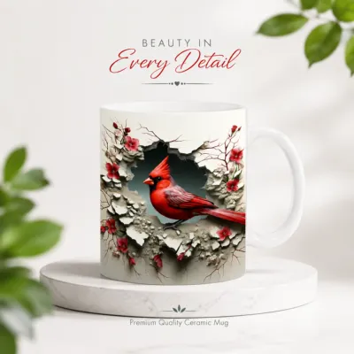 Red Cardinal Bird Ceramic Mug – Premium Wraparound Design Coffee Mug with Floral & Branch Print, Microwave & Dishwasher Safe
