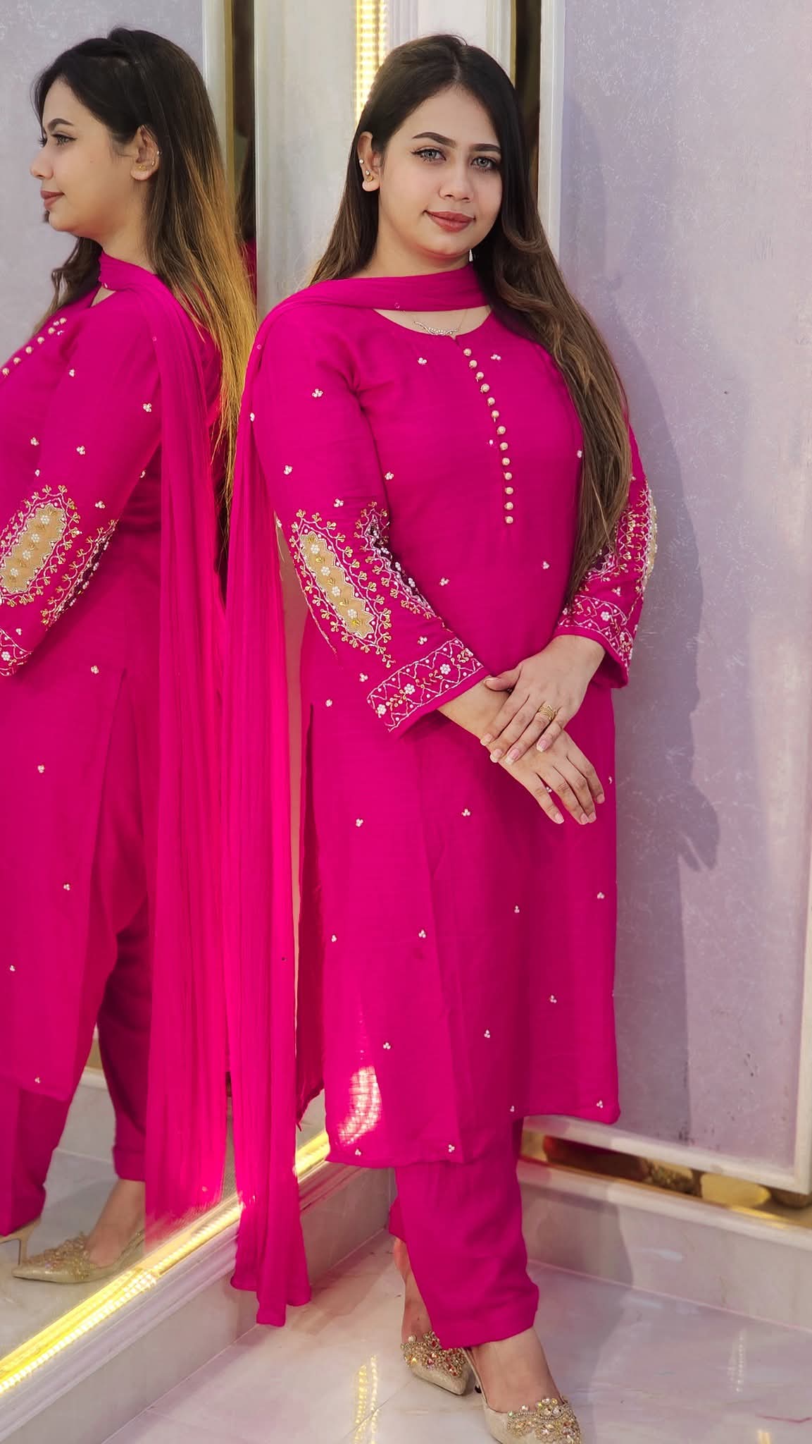Linen Sequin Embroidery Three Piece with Stone Chiffon Orna