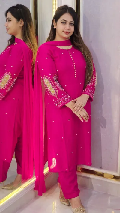 Linen Sequin Embroidery Three Piece with Stone Chiffon Orna