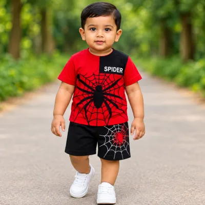 Spider-Themed Red & Black Color-Block Boys' Two-Piece Summer Set