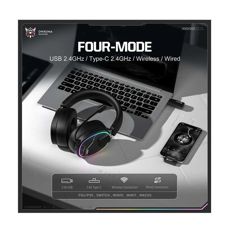 Onikuma GT836 Quad-Mode Wireless Black Gaming Headset