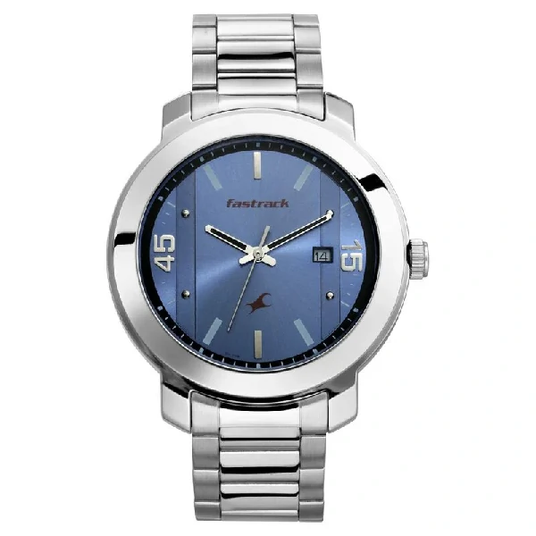 Fastrack NS3246SM03 Bare Basics Quartz Analog with Date Blue Dial Stainless Steel Strap Watch