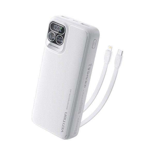 VENTION 22.5W 20000mAh Power Bank with Built-in USB-C & Lightning Cables – White