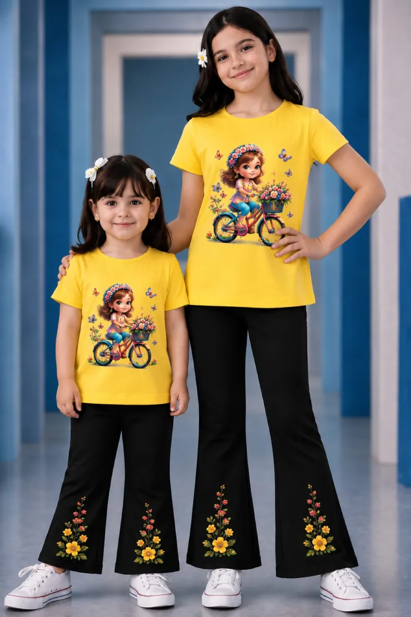 Girls' Printed Cotton Knit T-Shirt and Pant Set, 6 Colours