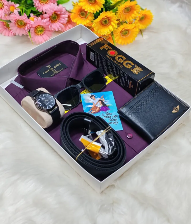 Men's Pure Cotton Shirt Gift Combo with Watch, Wallet and Belt