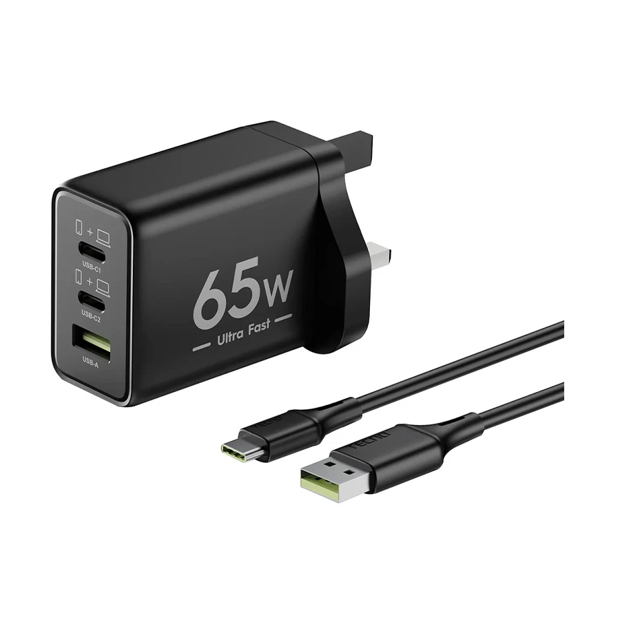 Tecno TCW-U60T 65W GaN USB & Dual USB-C Charger with Cable Black (UK)