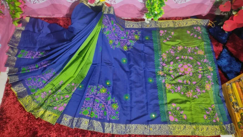 Dhupian Silk Sari with Block Print and Embroidery for Women