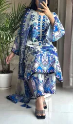 AC Cotton Screen Print Three Piece with Butter Silk Salwar