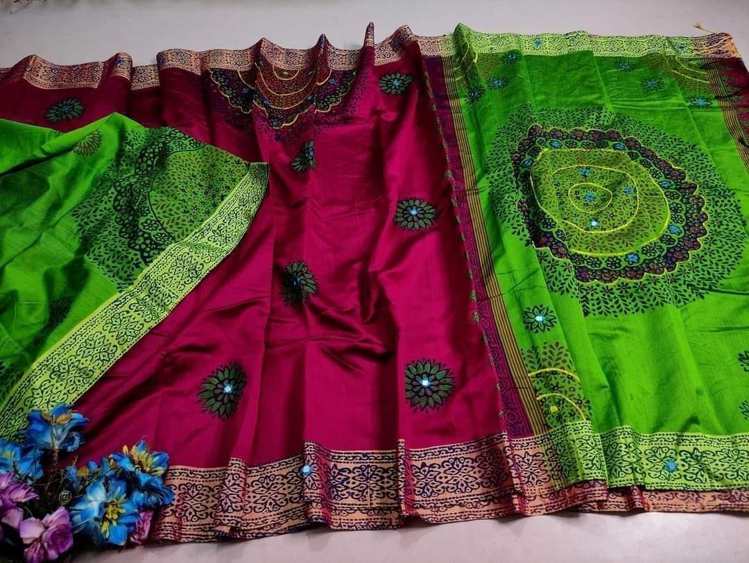 Dhupian Silk Saree for Women, Block Print and Embroidery, 13 Haath