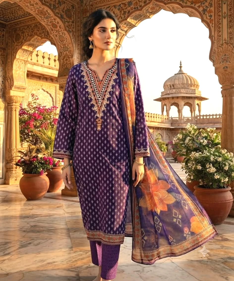 Readymade Three Piece with Neck Embroidery and Printed Orna