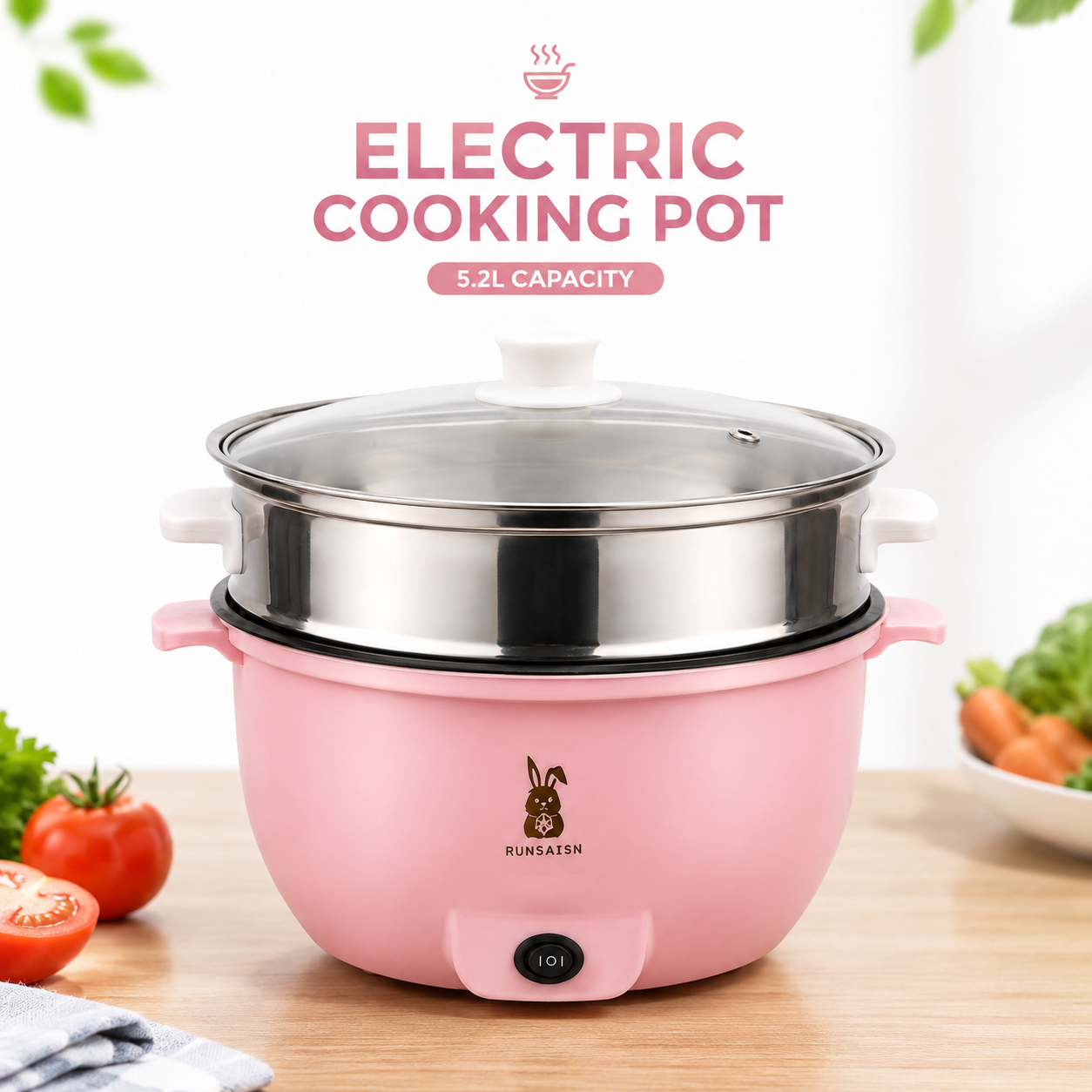 RUNBAISN 5.2L Electric Multi-Cooker & Hot Pot – Non-Stick Portable Electric Cooker with Steamer Tray, 2 Heating Modes for Rice, Noodles, Soup & Daily Cooking