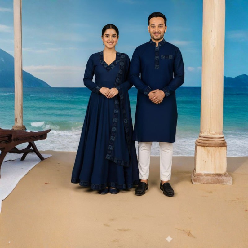 Couple Eid Combo, Panjabi with Pajama and Readymade Gown Three Piece