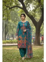 Women's Silk Digital Print Three Piece with Semi Cotton Orna