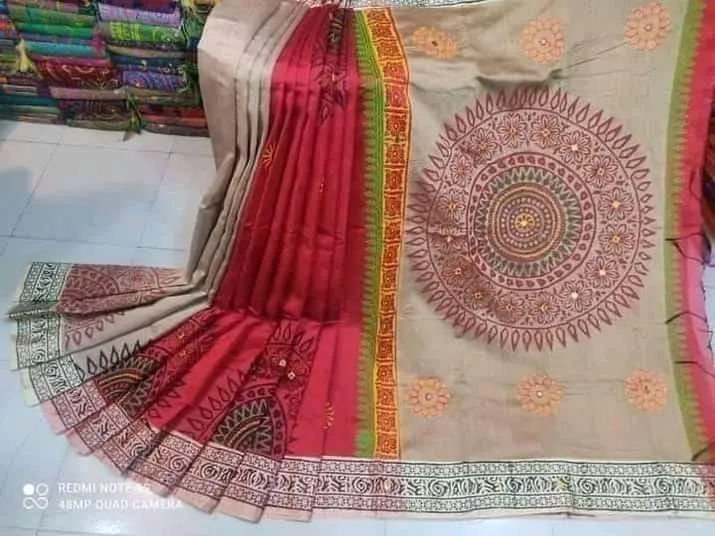 Dhupian Silk Saree, Embroidery and Block Print, 6 Colours