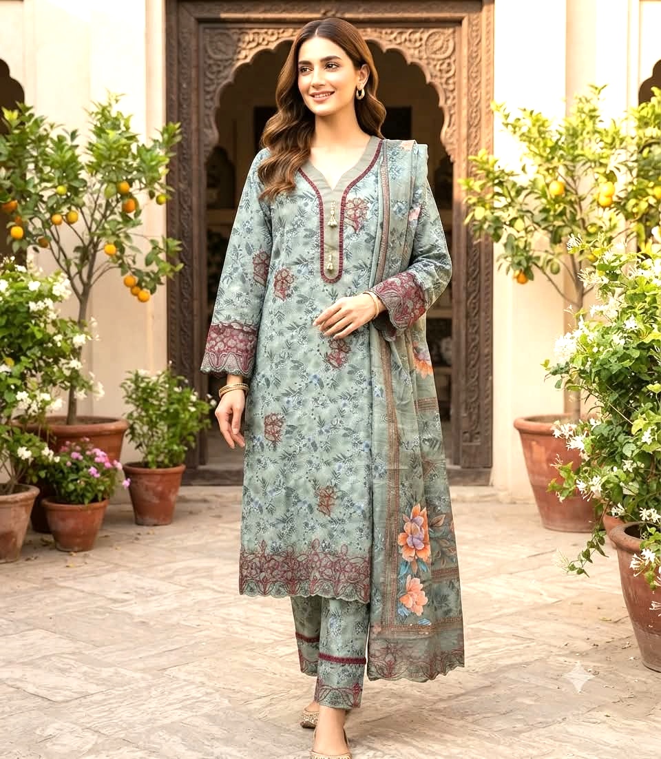 Laser Cut Readymade Three Piece with Embroidery and Lace Sleeves
