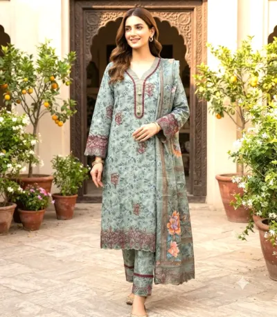 Laser Cut Readymade Three Piece with Embroidery and Lace Sleeves