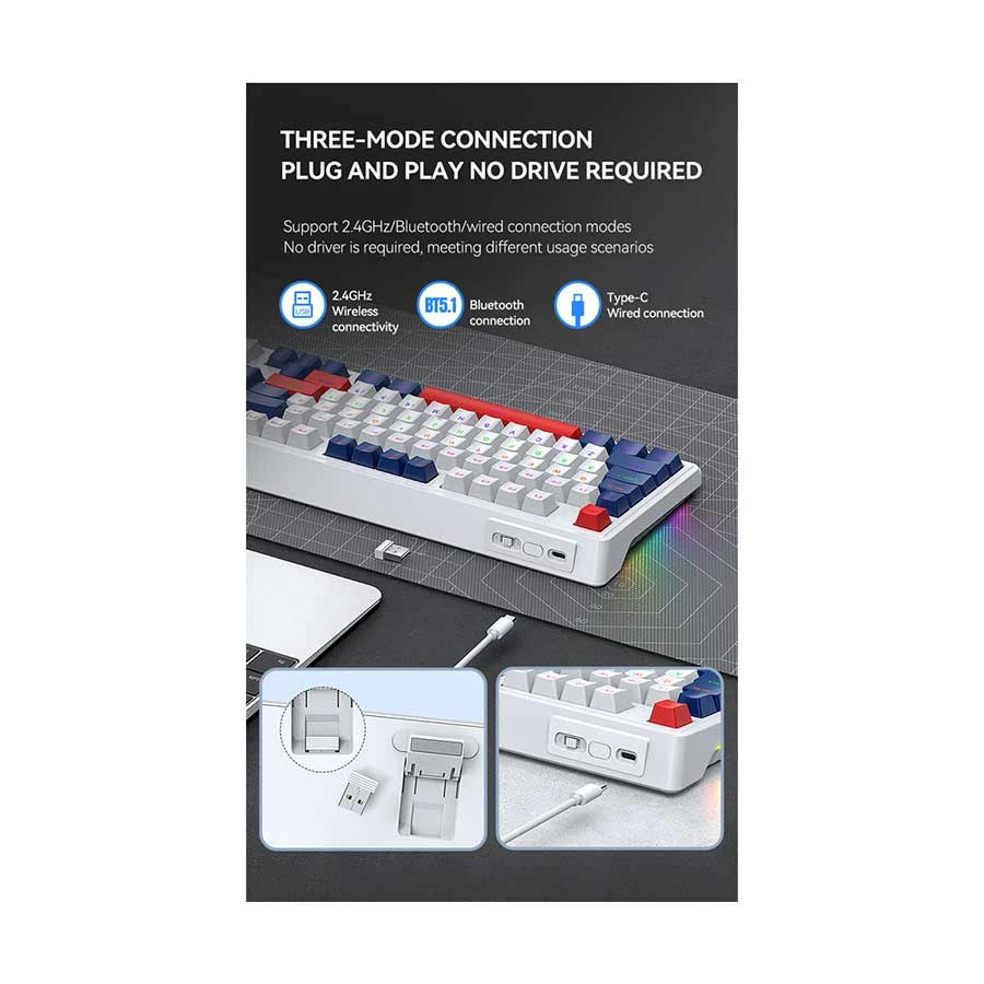 T-Wolf T78 RGB Tri Mode Red Switch Mechanical Gaming Keyboard White