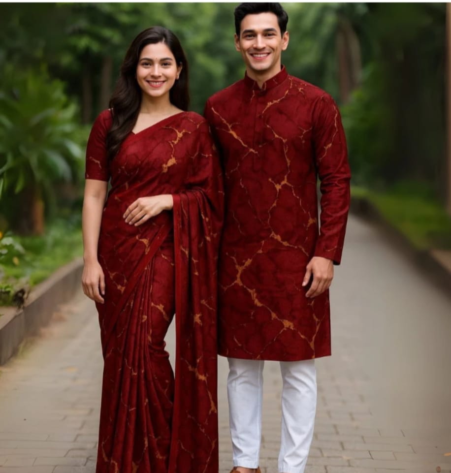 Couple Eid Combo, Digital Print Silk Saree, Panjabi and Pajama