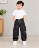 Boys' Six Pocket Cotton Denim Baggy Joggers, 2 to 12 Years