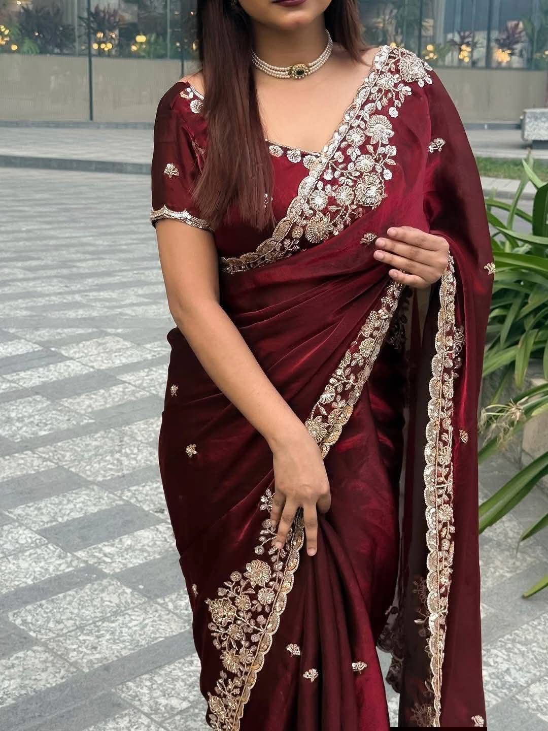 Sequin Embroidery Silk Saree with Unstitched Blouse, 4 Colours