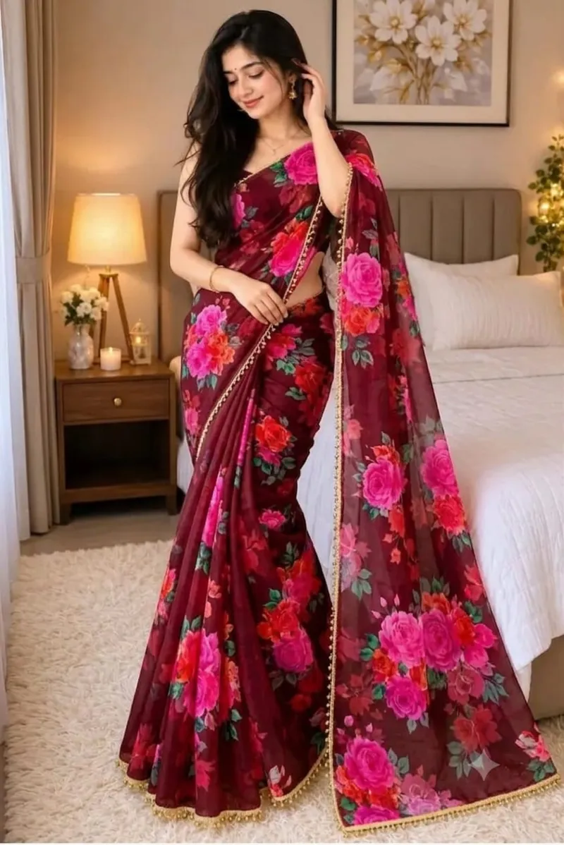Soft Georgette Saree with Pearl Lace Border and Blouse Piece