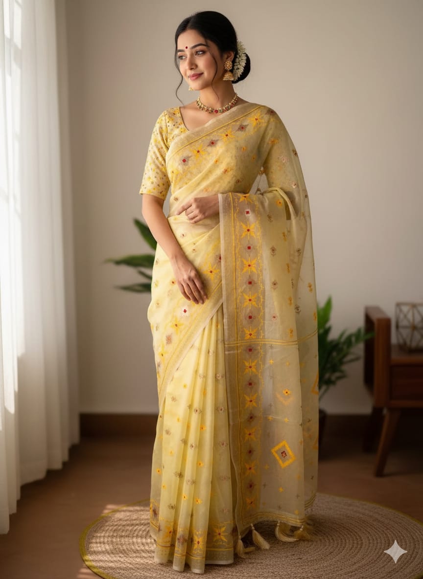 Light Half Silk Saree with All-Over Jamdani Print, 6 Colours