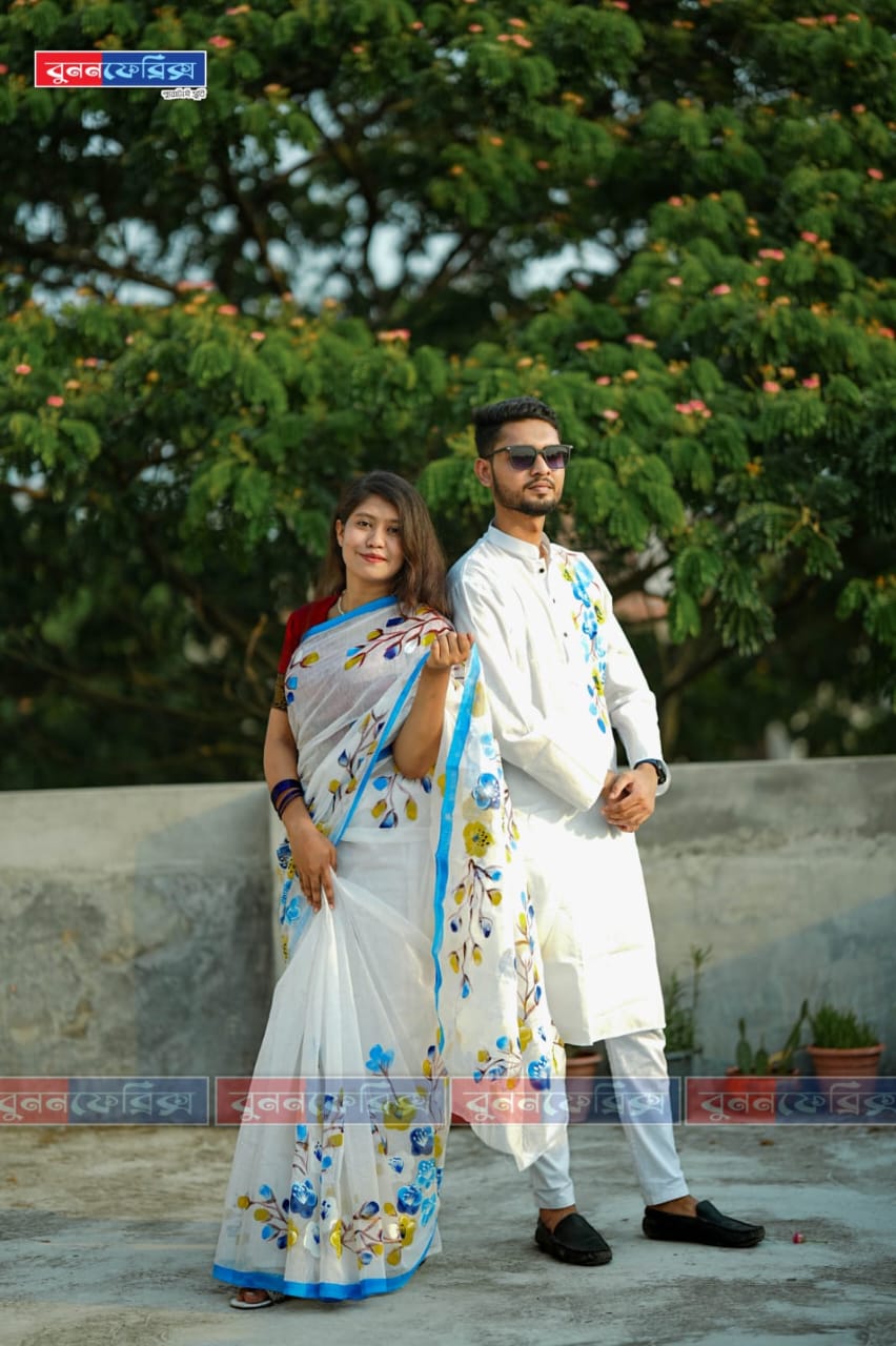 Half Silk Saree with Hand Print Dhupian Silk Panjabi, Couple Set