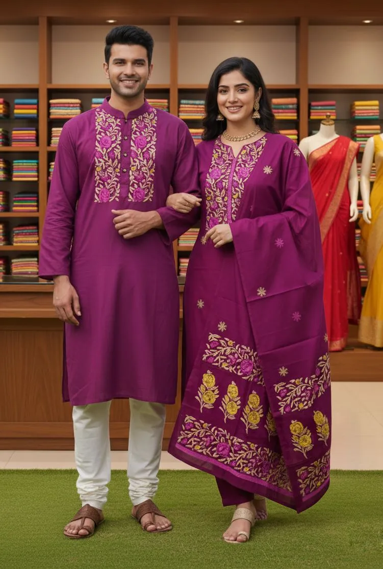Block Print Three Piece and Dhupian Silk Panjabi Matching Set
