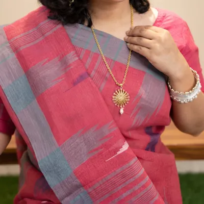 Sylhet Handloom Manipuri Saree – Magenta & Grey Soft Cotton