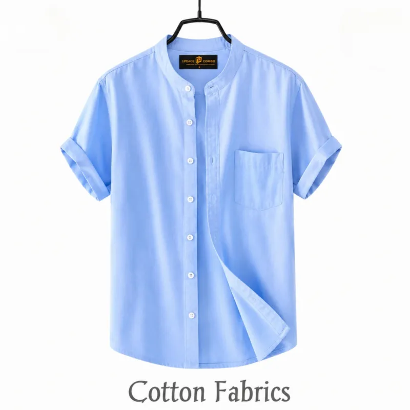 Men's Oxford Cotton Band Collar Half Sleeve Shirt, Slim Fit
