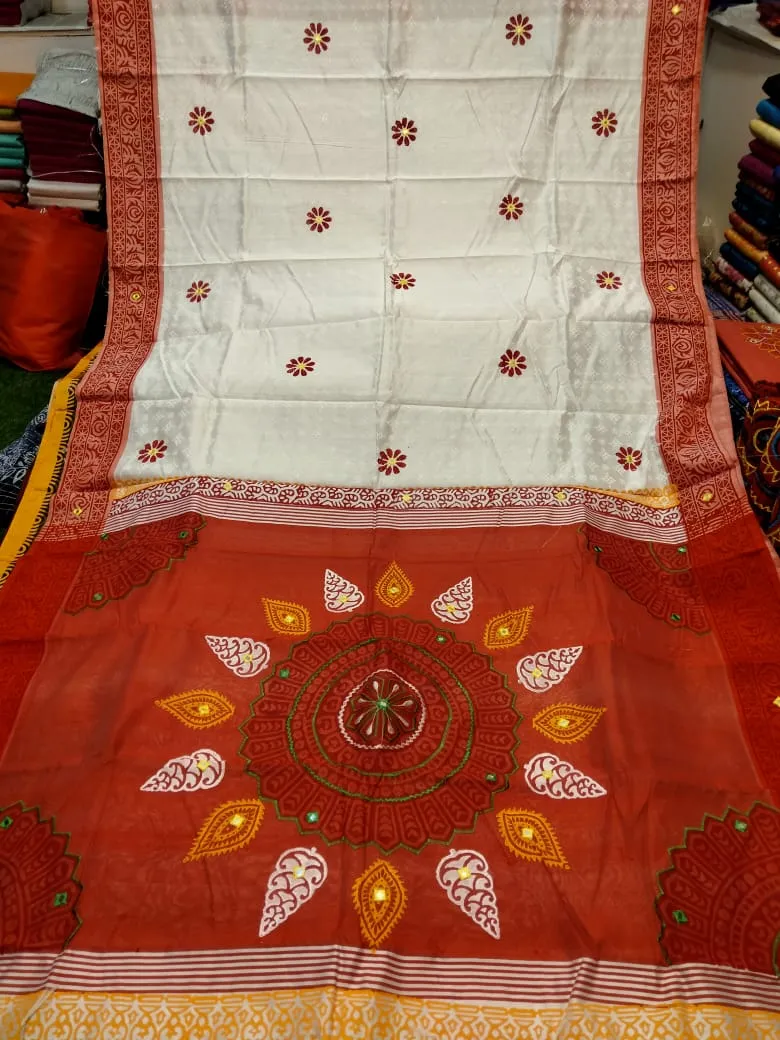 Embroidery Work Dhupian Silk Saree, Block Print, 6 Colour Choices